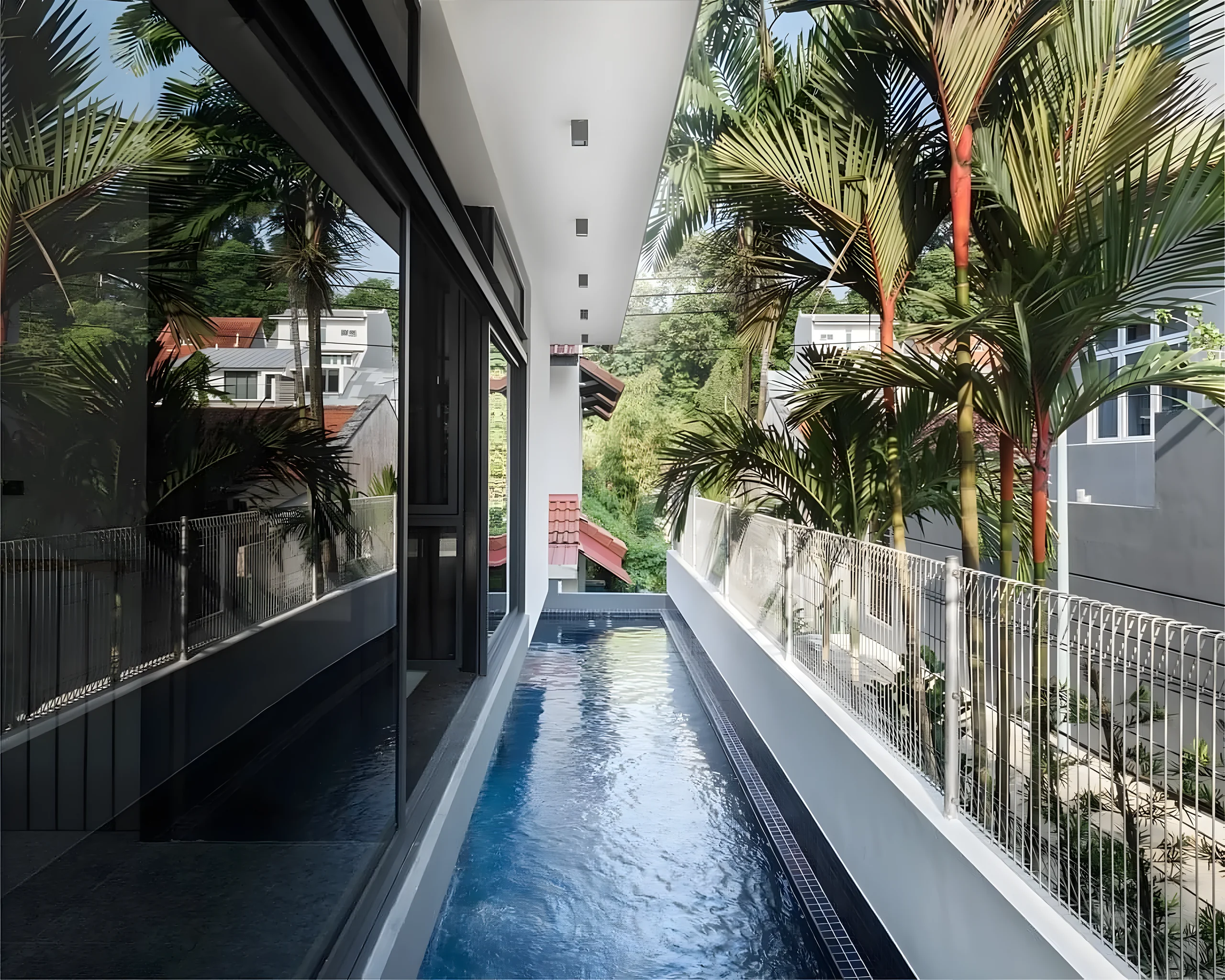 Tropical concrete semi-D with lap pool and palms