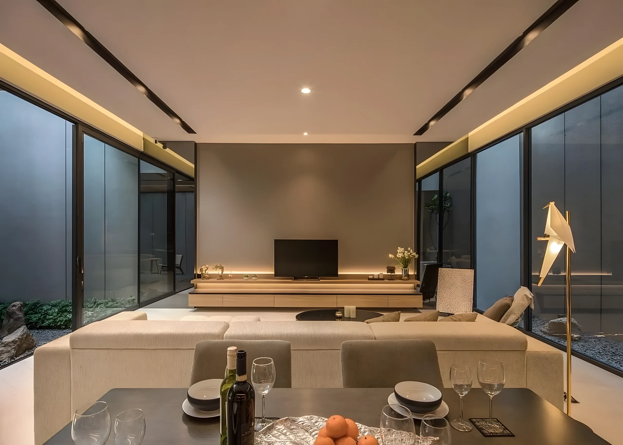 Luxury bungalow courtyard living at night